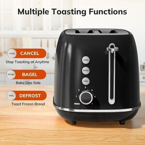 2SliceToaster Retro Stainless black Steel Toaster with Bagel Bread Shade Setting
